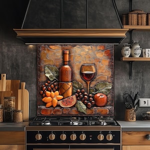 Wine-Themed Tempered Glass Kitchen Backsplash: Stove Area Art