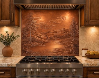 Copper Mountain Lake Glass Backsplash, Pine Forest Stove Panel, Rustic Cabin Kitchen Decor