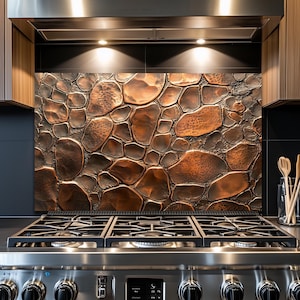 Copper Stone Kitchen Backsplash, Industrial Tempered Glass Art, Custom Size Design