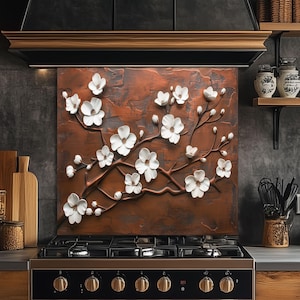 Glass Backsplash-Cherry Blossom Flower on Copper Texture, Stove Top Backsplash for Kitchen,Floral Backsplash Panel,Stove Backsplash Wall Art