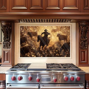 Cowboy Tempered Glass Stove Backsplash: Durable Kitchen Wall Art