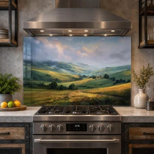 Misty Rolling Hills Glass Backsplash, English Countryside Stove Panel, Green Pastoral Kitchen Decor