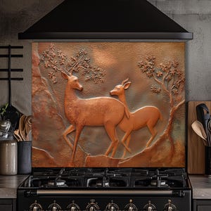 Deer Backsplash, Copper Look Glass Backsplash Panel, Stovetop Backsplash for Kitchen, Easy To Clean surface/ Heat Resistant/ Deer Splashback