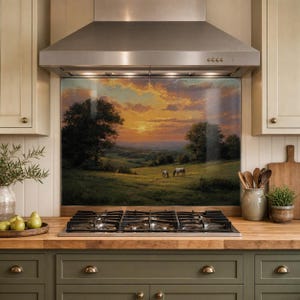 Pastoral Sunset Tempered Glass Backsplash, Horse Meadow Stove Panel, Vintage Farmhouse Kitchen Decor