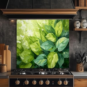 May include: A vibrant green and white abstract painting of leaves and flowers. The artwork is displayed as a kitchen backsplash, adding a touch of nature-inspired art to the cooking space. The color palette includes shades of green and white.