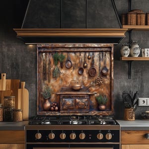 Tempered Glass Kitchen Backsplash: Rustic Copper Utensils & Herbs