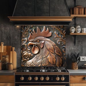 Rustic Rooster Kitchen Backsplash: Copper Embossed Tempered Glass Panel