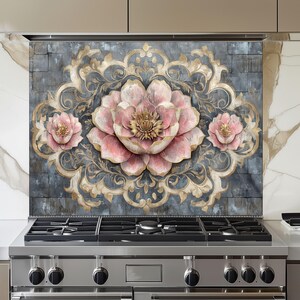 Moroccan Floral Tempered Glass Kitchen Backsplash: Heat Resistant Tile