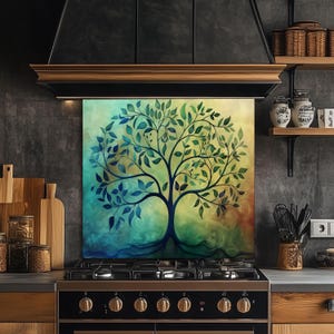 Tree of Life Tempered Glass Kitchen Backsplash: Decorative Stove Splashback