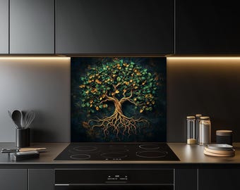 Tempered Glass Kitchen Backsplash - Elegant Green Tree of Life Design, Heat Resistant, Artistic Stove Wall Protector for Modern Kitchens