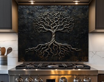 Glass Tree of Life Backsplash, Life of Tree Stove Splashback Panel, Custom Size Backsplash