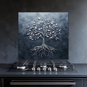 Tree of Life Kitchen Backsplash: Modern Silver Metal 3D Panel