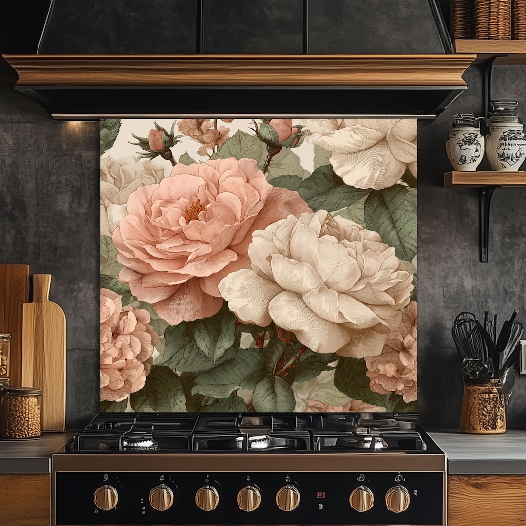 Vintage Peony Rose Floral Kitchen Backsplash, UV Printed Tempered Glass ...