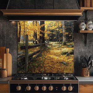 Autumn Forest Path Tempered Glass Kitchen Backsplash - Rustic Fence
