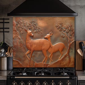 Copper Look Deer Backsplash: Tempered Glass Kitchen Stove Panel