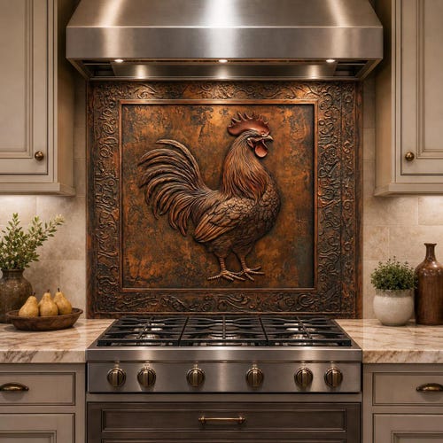 Rooster Stove Backsplash, Copper Look Tempered Glass Splashback Panel, Farmhouse Country Kitchen Decor