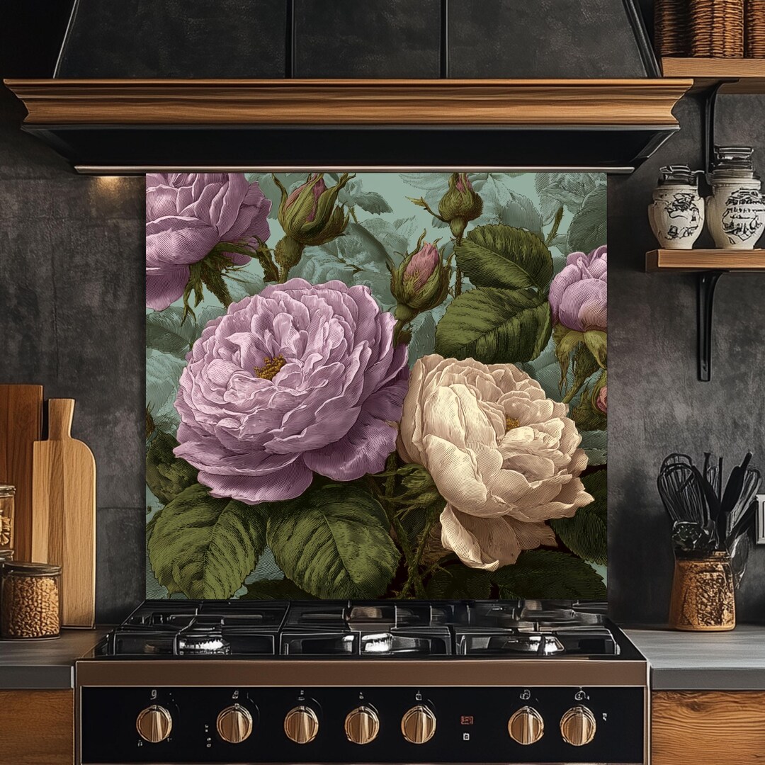 Vintage Pink Roses Kitchen Backsplash: Tempered Glass Floral Wall Panel ...