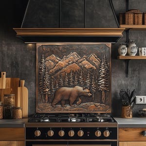 Mountain Bear Tempered Glass Stove Cover: Artistic Kitchen Backsplash