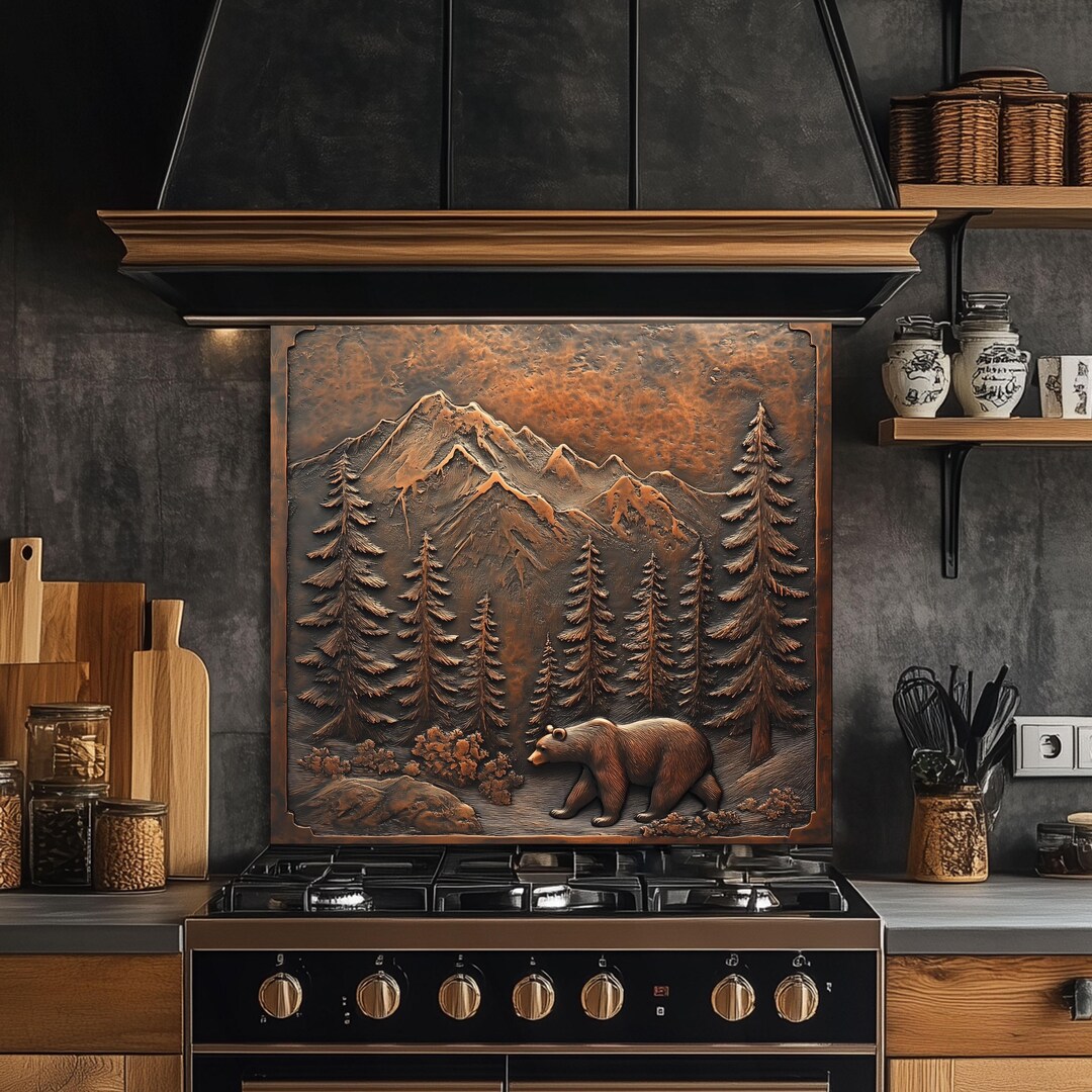 Glass Kitchen Splashback for Stove, Bear Woodland Tempered Backsplash