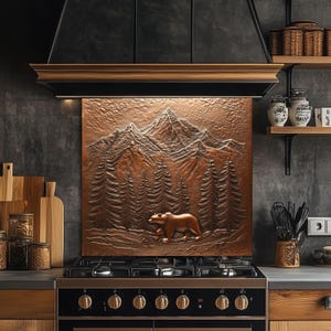 Tempered Glass Kitchen Backsplash Behind Stove, Copper Mountain Glass Backsplash, Glass Backsplash for Kitchen,Rustic Stove Backsplash Panel
