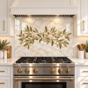 Olive Branch Stove Backsplash, Sage Green Marble Tempered Glass Panel, Mediterranean Kitchen Decor