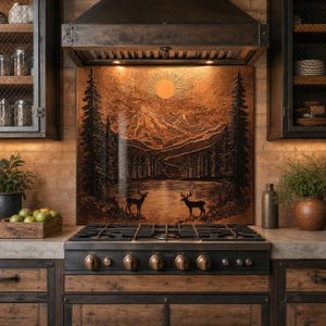 May include: A rectangular copper backsplash panel featuring an embossed landscape scene with a sun, mountains, tall pine trees, and two deer standing by a lake. The metal artwork is installed behind a black gas stove with a matching metal hood.