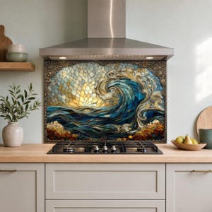 Ocean Wave Glass Backsplash, Stained Glass Style Stove Panel, Coastal Nautical Kitchen Decor