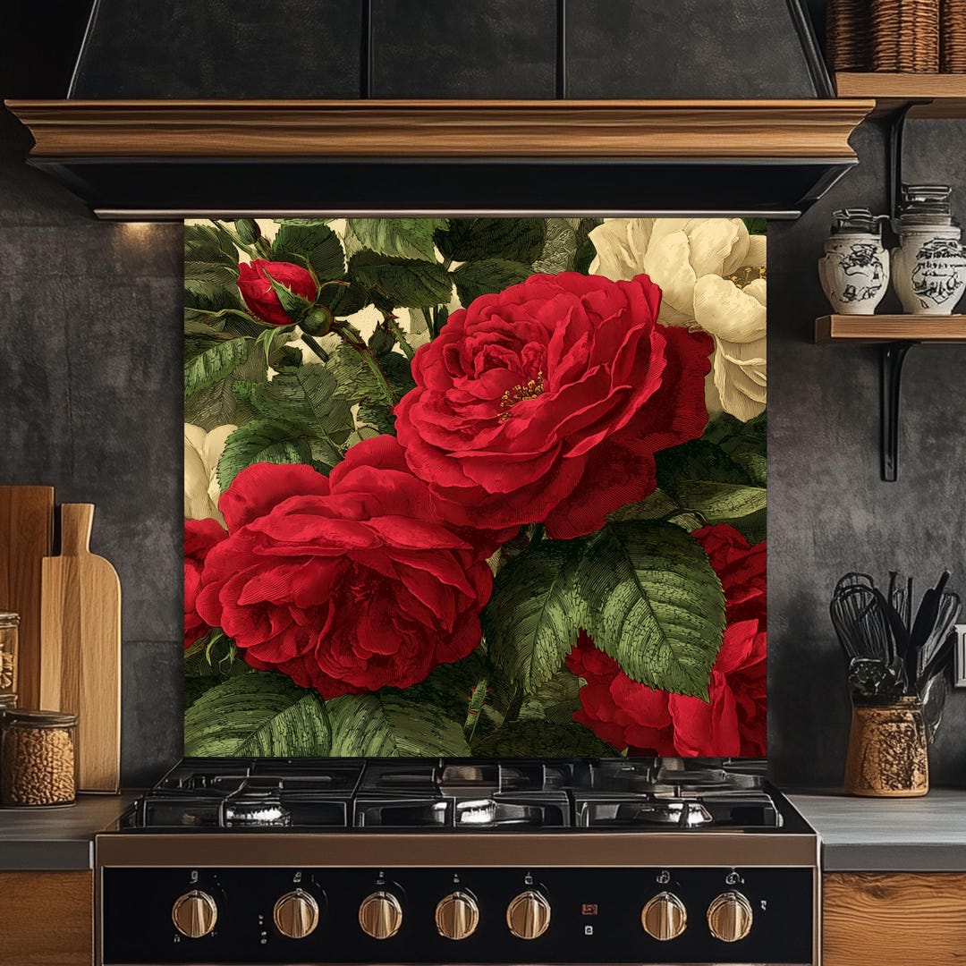 Red Rose Tempered Glass Backsplash - Romantic Floral Kitchen Wall ...