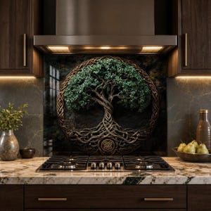 Celtic Tree of Life Stove Backsplash, Dark Green Bronze Tempered Glass Splashback Panel, Mystical Kitchen