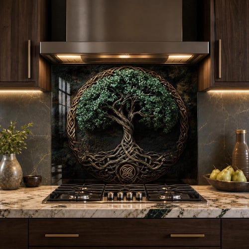 Celtic Tree of Life Stove Backsplash, Dark Green Bronze Tempered Glass Splashback Panel, Mystical Kitchen