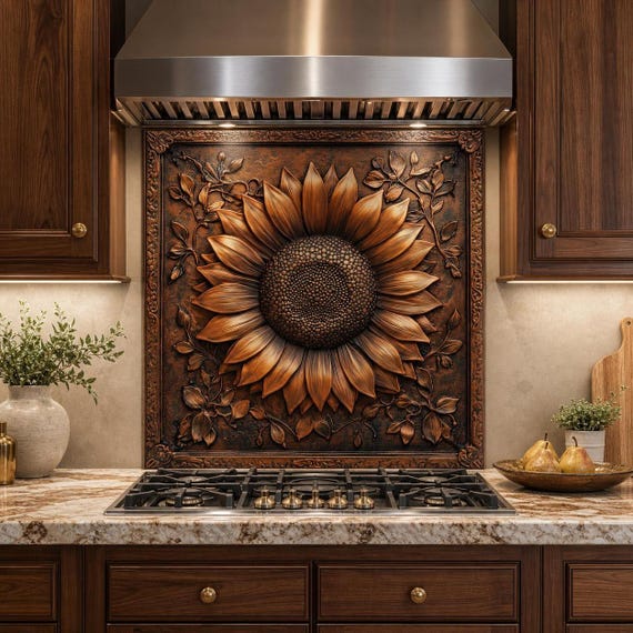 Bronze Sunflower 4mm Tempered Glass Backsplash – Ornate Rustic Farmhouse Stove Panel