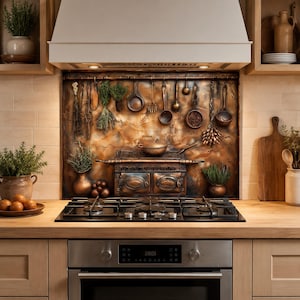 Rustic Copper Kitchen Backsplash, Vintage Cookware Glass Panel, Farmhouse Stove Guard