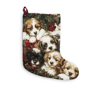 Puppies and Gifts Christmas Stocking - Animals Christmas Painting, Puppy Stocking, Dog Plush Holiday Stocking