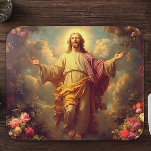 May include: A painting of a man with a beard and long hair, wearing a white robe and a purple cloak, with his arms outstretched, standing in front of a cloudy sky with flowers on either side.