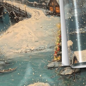 Cozy Cottage Village Winter Gift Wrap - Scenery Country Oil Painting, Cabin Art Gift Wrap Paper, Snowfall Custom Gift Paper