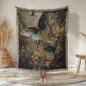 Victorian Style Butterflies Woven Blanket - Vintage Nature Painting, Butterfly Blanket Gift, Floral Art New Age Blanket, Insect Art Gift