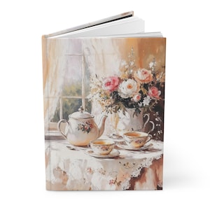 May include: A painting of a white teapot and two teacups on a lace tablecloth with a bouquet of pink and white flowers in a vase in the background.