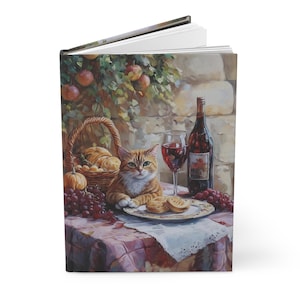 Super cadeau !  Carnet cartonné Chat sur la table du déjeuner - Cadeau carnet de chats, cadeau carnet de fruits et de vin
