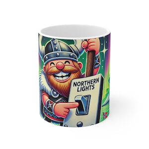 Norway Mugs, Viking Northern Lights, Norwegian Flag Mug, Viking Mug, Cute Coffee Mug Gift, Scandinavia Coffee Cup Mug, Scandi Mug