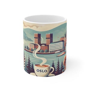 Norway Mug, Oslo Cityscape, Norwegian Flag Mug, Viking Mug, Cute Coffee Mug Gift, Scandinavia Coffee Cup Mug, Scandi Mug