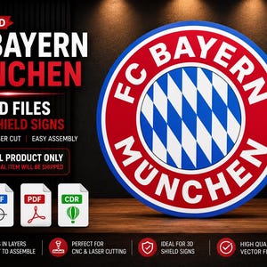 Pode incluir: Um conjunto de ficheiros digitais 3D em camadas para um sinal de escudo do FC Bayern Munchen. O logótipo circular apresenta um anel exterior vermelho com texto branco e um padrão central de diamantes azuis e brancos. Inclui formatos SVG, DXF, PDF e CDR.