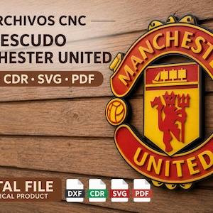 Op de afbeelding: Een rood, geel en zwart Manchester United-embleem, met de tekst "Manchester United" in een gebogen banner. Het embleem toont een duivelsfiguur en de tekst "Digital File" met bestandstype-pictogrammen.