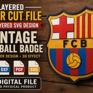 Puede incluir: Un archivo de corte láser en capas con un diseño de insignia de fútbol vintage. La insignia tiene un efecto 3D e incluye el texto "FCB". El diseño incorpora colores rojo, azul, amarillo y negro. La imagen también incluye el texto "ARCHIVO DIGITAL SIN PRODUCTO FÍSICO".