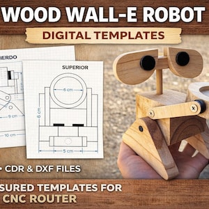 Puede incluir: Un modelo de robot Wall-E de madera con plantillas digitales y planos. Los planos muestran medidas en centímetros, incluyendo dimensiones de 8 cm, 9 cm y 10 cm. La imagen también incluye el texto "WOOD WALL-E ROBOT DIGITAL TEMPLATES".
