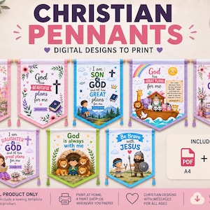 Puede incluir: Una colección de ocho diseños digitales de banderines cristianos con ilustraciones religiosas y textos inspiradores. Cada banderín incluye gráficos coloridos, como el arca de Noé, leones y niños, con frases como Be Brave with Jesus y God has Great Plans for me. El conjunto incluye formatos de archivo PDF y PNG.