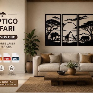 May include: A triptych wall art piece featuring black silhouettes of African wildlife, including elephants, giraffes, and a rhinoceros, set against a sunset backdrop. The artwork is displayed above a beige sofa in a living room setting. The text "TRÍPTICO SAFARI" is visible.