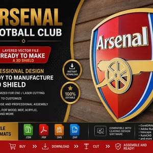 Könnte beinhalten: Eine mehrschichtige Vektordatei für ein 3D-Schild des Arsenal Football Club. Das Design zeigt das Logo des Vereins in Rot, Gold und Weiß, mit dem Text "Arsenal" prominent dargestellt. Das Design ist für CNC- und Laserschnitt optimiert.