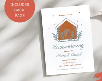 May include: A digital housewarming invitation with a blue and orange illustration of a house with plants. The text reads "Please join us for a housewarming hosted by Olivia & Daniel. Sunday, 10 March 2024 at 10:00 am - 12:00 pm. 123 Anywhere St, Any City, ST 12348."