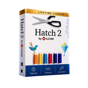 May include: A white software box for Hatch 2 by Wilcom featuring a lifetime licence label, a pair of scissors, a blue bird graphic, a kite, and six colourful thread spools. The bottom blue panel displays icons for Digitising, ABC Lettering, and Auto Stitch.
