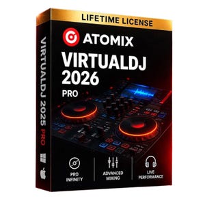May include: A black rectangular software box for Atomix VirtualDJ 2026 Pro featuring a lifetime licence. The front displays a DJ controller with glowing red jog wheels, while the side shows the text VirtualDJ 2025 Pro with Windows and Apple icons.